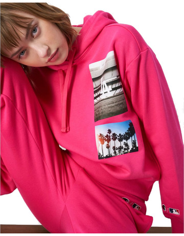 Champion MLB Rochester Autenthic LA Dodgers Print Logo Crop Hoodie "Pink Fuchsia "