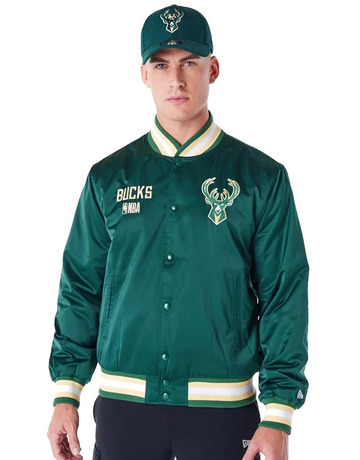 New Era NBA Milwaukee Bucks Satin Bomber Jacket "Dark Green"