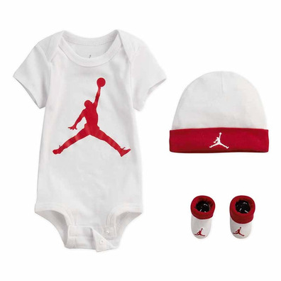 Jordan JHN Jumpman Infants Hat/ Bodysuit /Bootie Set 3pc (0-6M) "White-Gym Red"