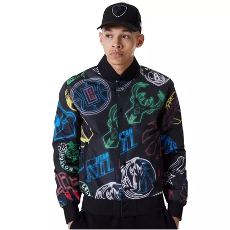 New Era NBA Multi Team Logo All Over Print Bomber Jacket