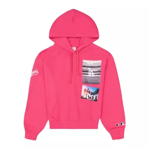 Champion MLB Rochester Autenthic LA Dodgers Print Logo Crop Hoodie "Pink Fuchsia "