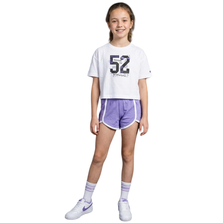 Conjunto Niña Camiseta Oversize Fit + Short Champion Graphic "White-Lavender"