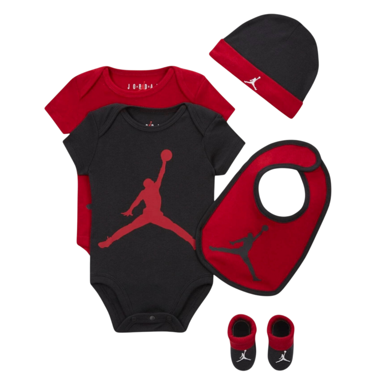 Jordan Bebé Juego de 5 Piezas dos Bodies,Gorro,Patucos y Babero JHN Jumpman "Red-Black"