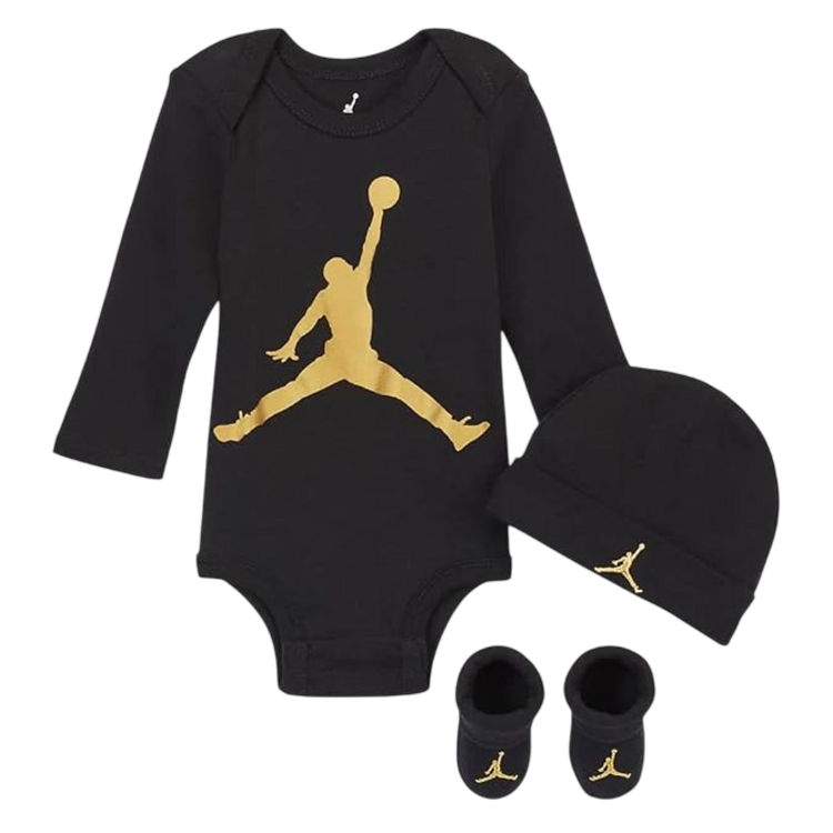 Jordan Bebé Juego de 3 Piezas Body Manga Larga, Gorro y Patucos JHN Jumpman "Black Gold"