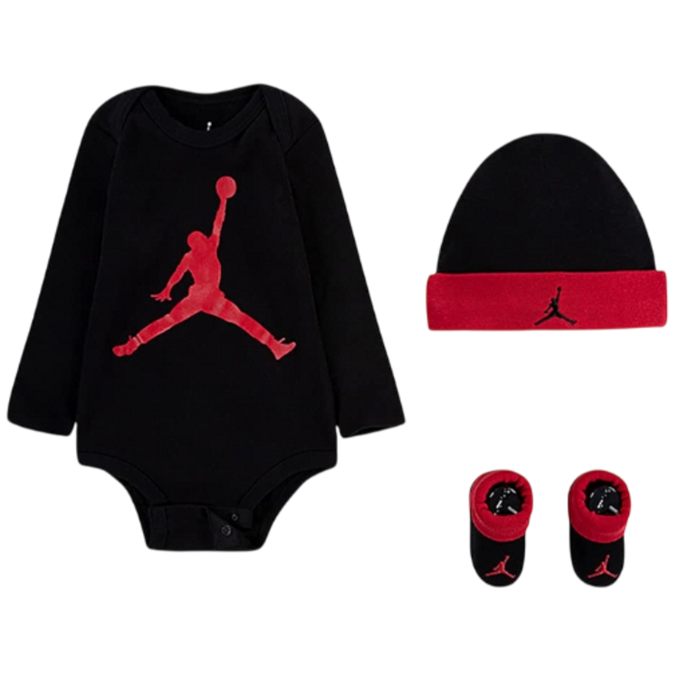 Jordan Bebé Juego de 3 Piezas Body Manga Larga, Gorro y Patucos JHN Jumpman "Black Red"