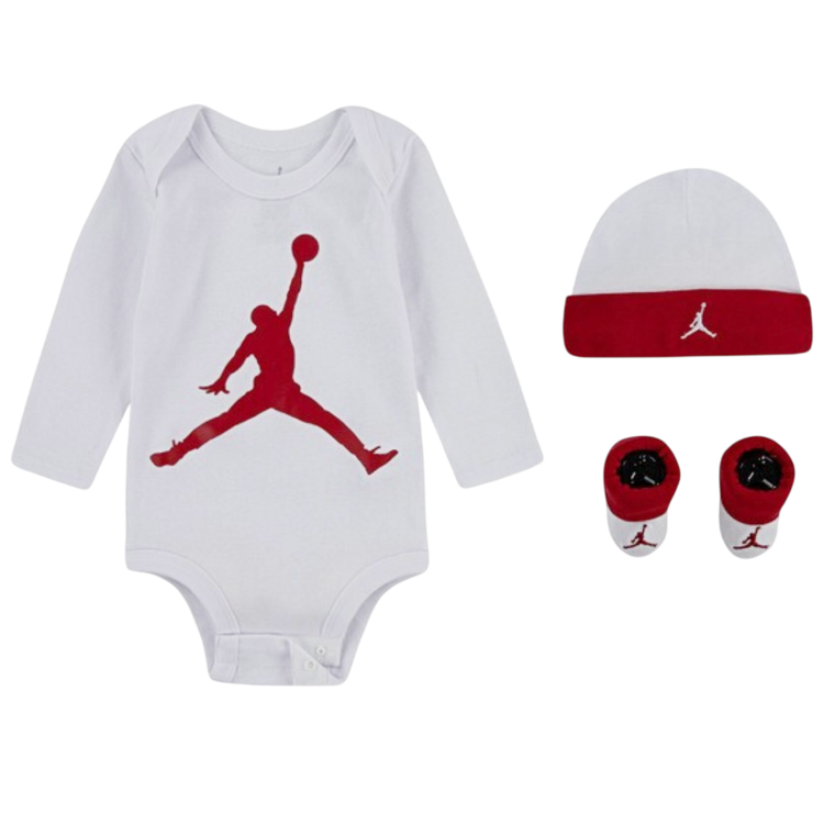 Jordan Bebé Juego de 3 Piezas Body Manga Larga, Gorro y Patucos JHN Jumpman "White Red"