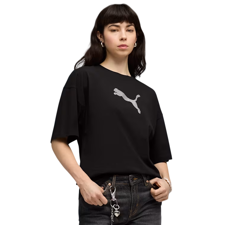 Camiseta mujer Puma ESS GRAPHICS LEO LUXE Bedazzled Oversized "Black"