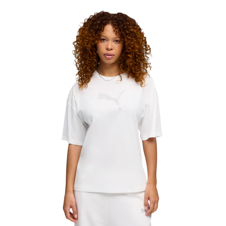 Camiseta mujer Puma ESS GRAPHICS LEO LUXE Bedazzled Oversized  "White"