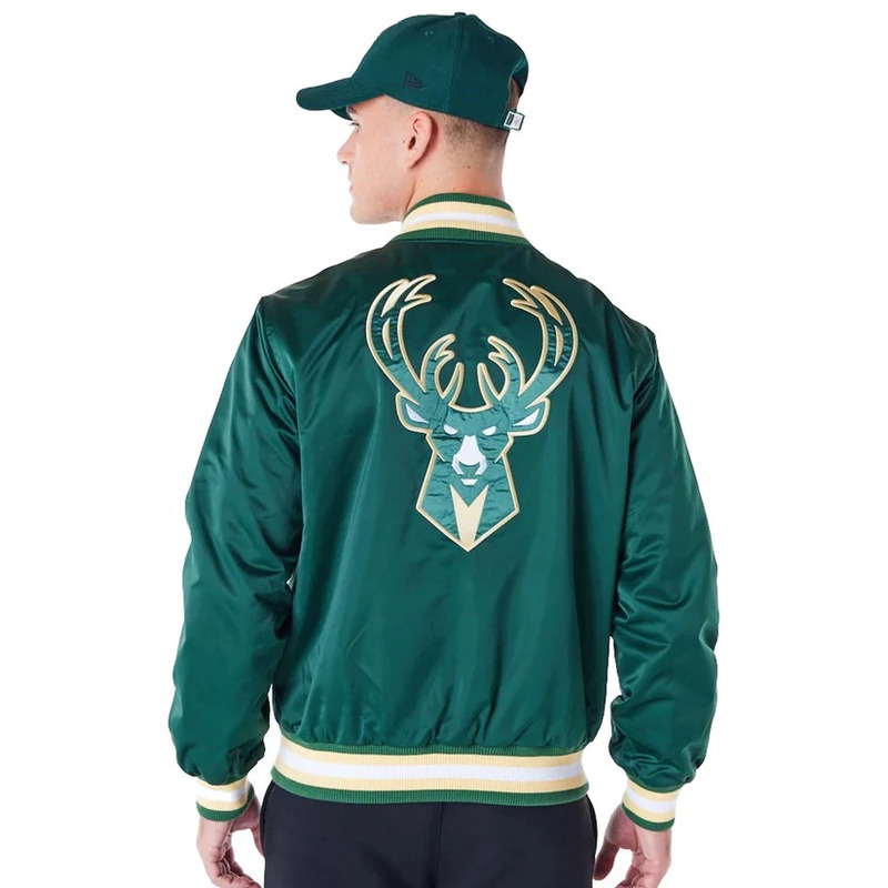 Veste Bomber Satinée M&N Milwaukee Bucks – Patches Brodés | Style Vintage NBA | Homme