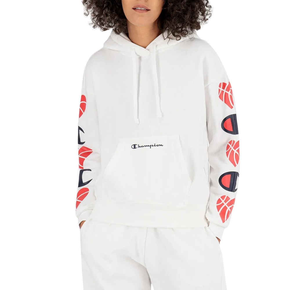 Champion Wm s Legacy Logo Sleeves Love Hoodie White