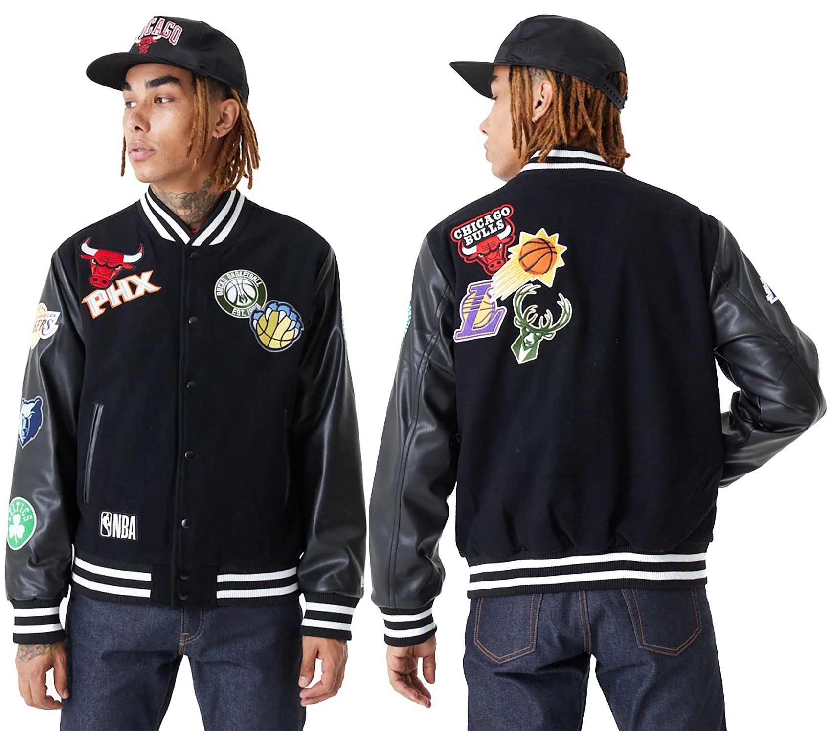 new era nba multi team varsity jacket in black